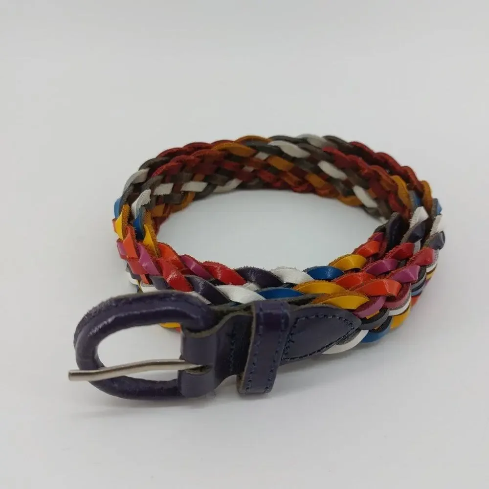 Vintage Women's Braided Woven Weaved Multicolored Genuine Leather Belt Size S